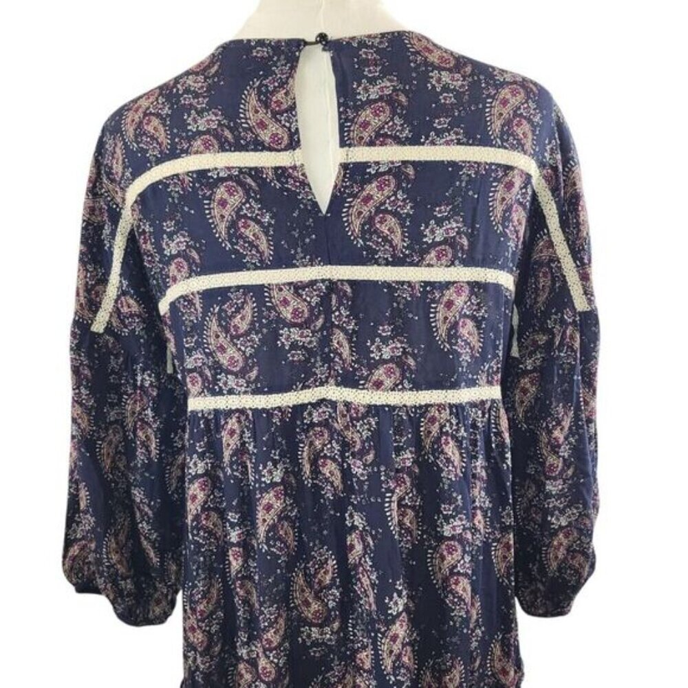 POL NEW Small Maxi Dress Cotton Blue Red Paisley Crochet Trim Vintage BOHO Style - Picture 8 of 16